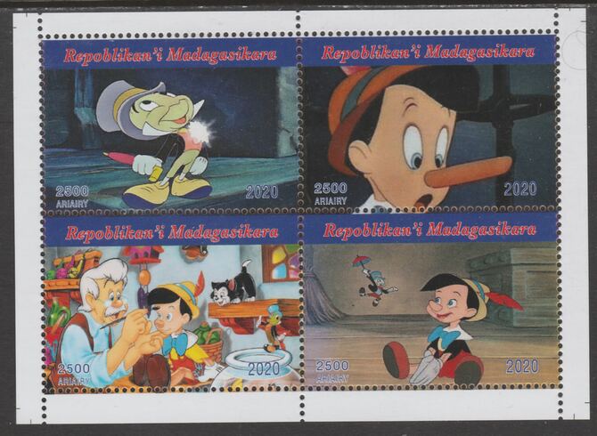 Madagascar 2020 Disneys Pinocchio perf sheetlet containing 4 values unmounted mint. Note this item is privately produced and is offered purely on its thematic appeal, stamps on disney, stamps on pinocchio, stamps on cartoons