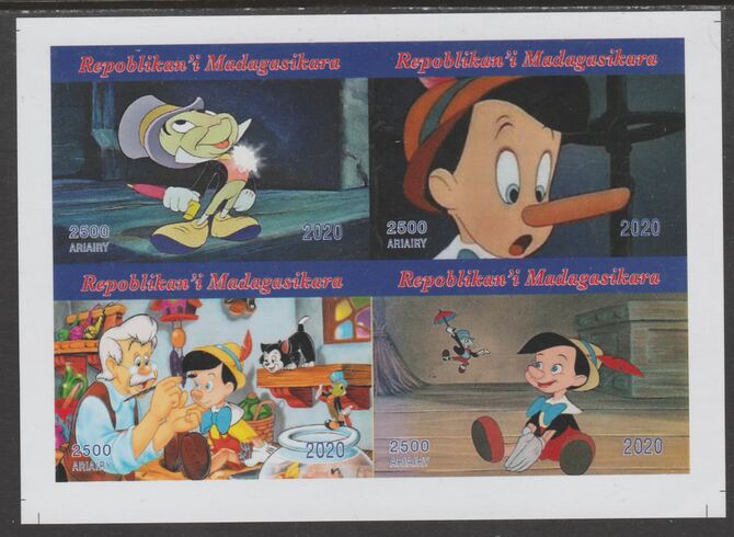 Madagascar 2020 Disney's Pinocchio imperf sheetlet containing 4 values unmounted mint. Note this item is privately produced and is offered purely on its thematic appeal, stamps on disney, stamps on pinocchio, stamps on cartoons