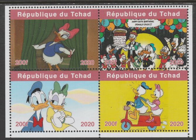 Chad 2020 80th Anniversary of Disney's Daisy Duck perf sheetlet containing 4 values unmounted mint. Note this item is privately produced and is offered purely on its thematic appeal, stamps on , stamps on  stamps on disney, stamps on  stamps on donald duck, stamps on  stamps on cartoons
