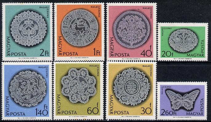 Hungary 1964 Halas Lace (2nd issue) perf set of 8 unmounted mint, SG 1971-78, Mi 2000-2007, stamps on , stamps on  stamps on lace, stamps on textiles, stamps on butterflies, stamps on birds, stamps on deer, stamps on animals, stamps on fishing