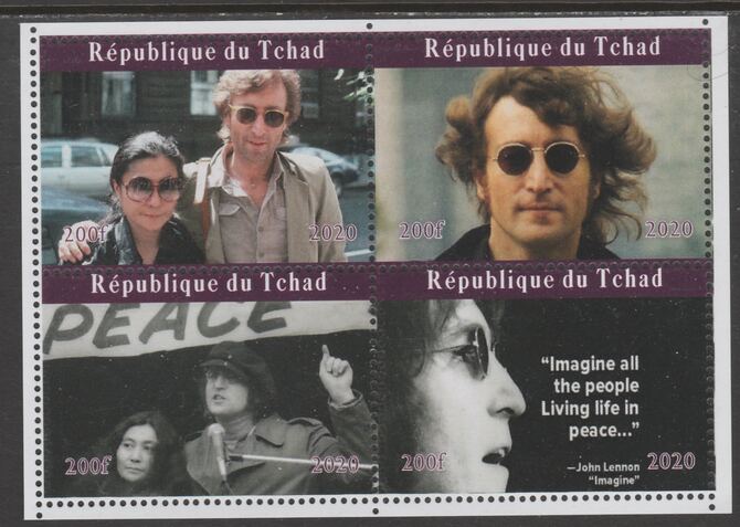 Chad 2020 John Lennon & Yoko perf sheetlet containing 4 values unmounted mint. Note this item is privately produced and is offered purely on its thematic appeal, stamps on beatles, stamps on personalities, stamps on lennon, stamps on yoko, stamps on music, stamps on rock