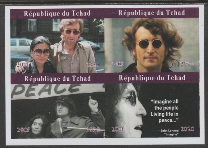 Chad 2020 John Lennon & Yoko imperf sheetlet containing 4 values unmounted mint. Note this item is privately produced and is offered purely on its thematic appeal, stamps on beatles, stamps on personalities, stamps on lennon, stamps on yoko, stamps on music, stamps on rock