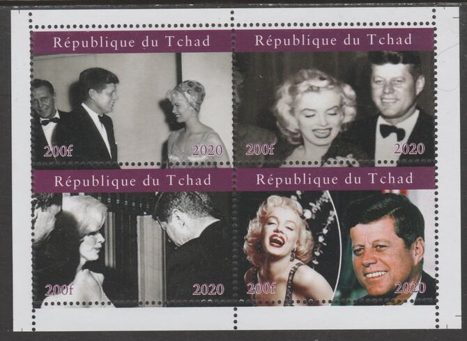 Chad 2020 John Kennedy & Marilyn perf sheetlet containing 4 values unmounted mint. Note this item is privately produced and is offered purely on its thematic appeal, stamps on personalities, stamps on kennedy, stamps on marilyn, stamps on usa presidents