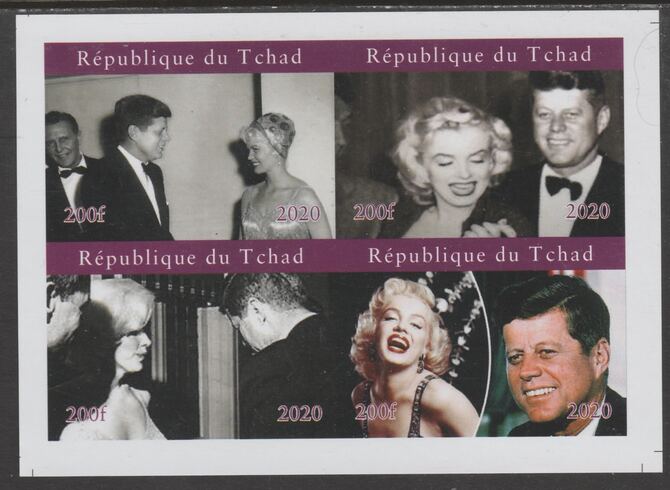 Chad 2020 John Kennedy & Marilyn imperf sheetlet containing 4 values unmounted mint. Note this item is privately produced and is offered purely on its thematic appeal, stamps on , stamps on  stamps on personalities, stamps on  stamps on kennedy, stamps on  stamps on marilyn, stamps on  stamps on usa presidents