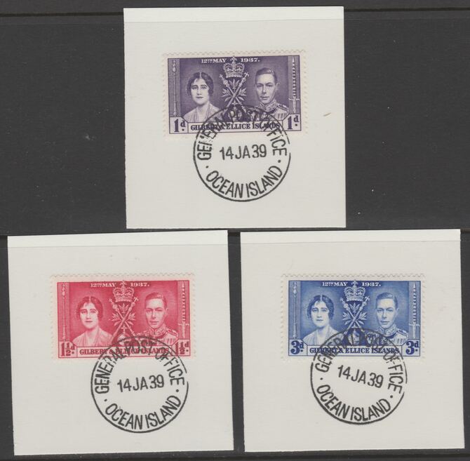Gilbert & Ellice Islands 1937 KG6 Coronation set of 3 each on individual piece cancelled with full strike of Madame Joseph forged postmark type 191, stamps on , stamps on  stamps on coronation, stamps on  stamps on  kg6 , stamps on  stamps on forgeries