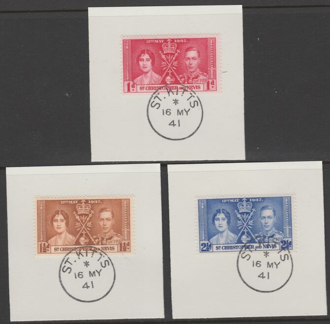 St Kitts-Nevis 1937 KG6 Coronation set of 3 each on individual piece cancelled with full strike of Madame Joseph forged postmark type 350, stamps on , stamps on  stamps on coronation, stamps on  stamps on  kg6 , stamps on  stamps on forgeries