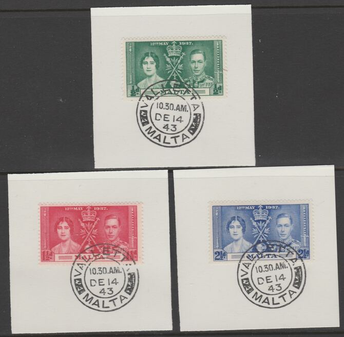 Malta 1937 KG6 Coronation set of 3 each on individual piece cancelled with full strike of Madame Joseph forged postmark type 250, stamps on coronation, stamps on  kg6 , stamps on forgeries