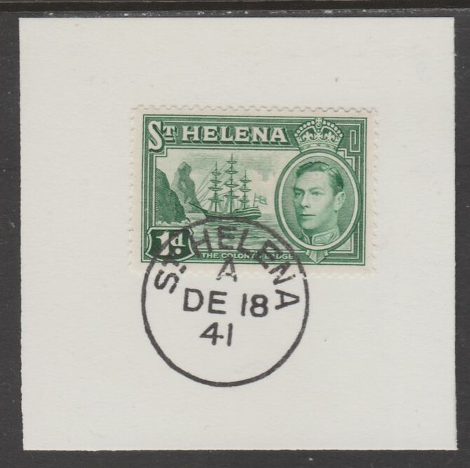 St Helena 1938 KG6 1d green on piece cancelled with full strike of Madame Joseph forged postmark type 344, stamps on , stamps on  stamps on , stamps on  stamps on  kg6 , stamps on  stamps on forgeries