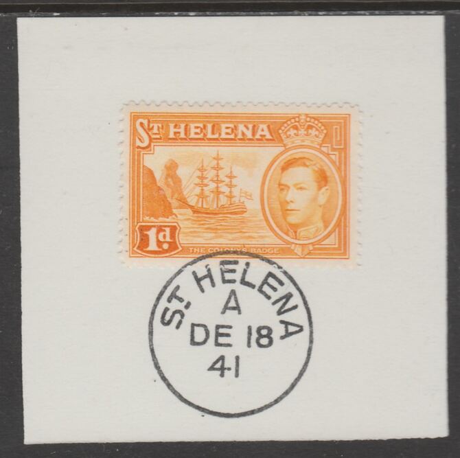 St Helena 1938 KG6 1d yellow-orange on piece cancelled with full strike of Madame Joseph forged postmark type 344, stamps on , stamps on  kg6 , stamps on forgeries
