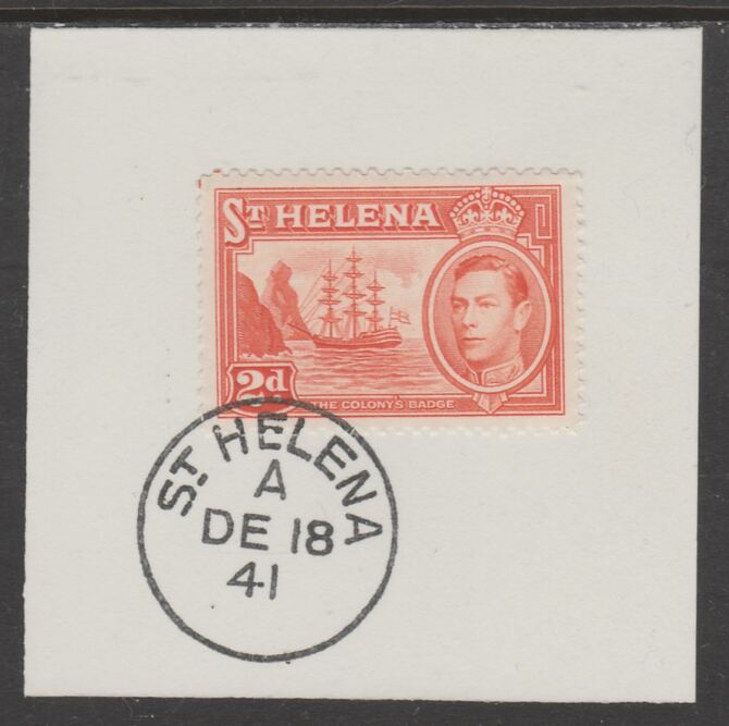 St Helena 1938 KG6 2d red-orange on piece cancelled with full strike of Madame Joseph forged postmark type 344, stamps on , stamps on  kg6 , stamps on forgeries