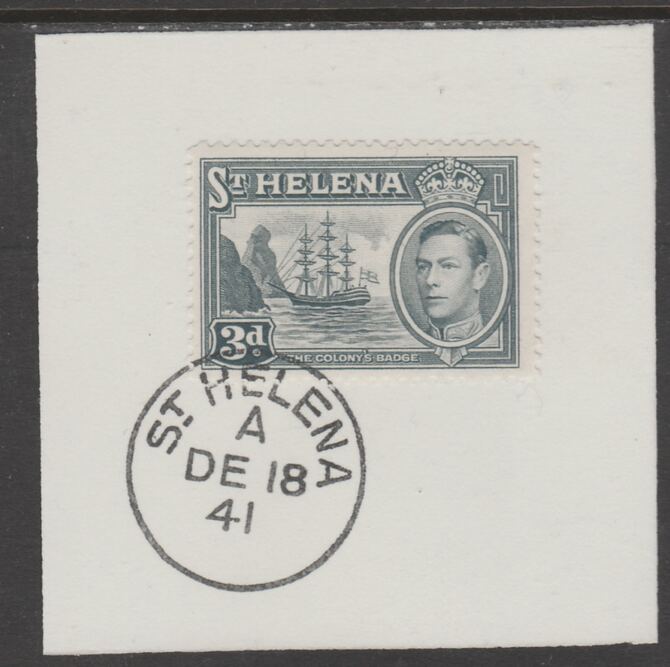St Helena 1938 KG6 3d grey on piece cancelled with full strike of Madame Joseph forged postmark type 344, stamps on , stamps on  kg6 , stamps on forgeries