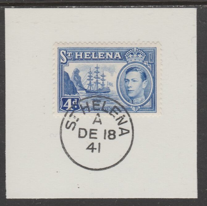 St Helena 1938 KG6 4d ultramarine on piece cancelled with full strike of Madame Joseph forged postmark type 344, stamps on , stamps on  kg6 , stamps on forgeries