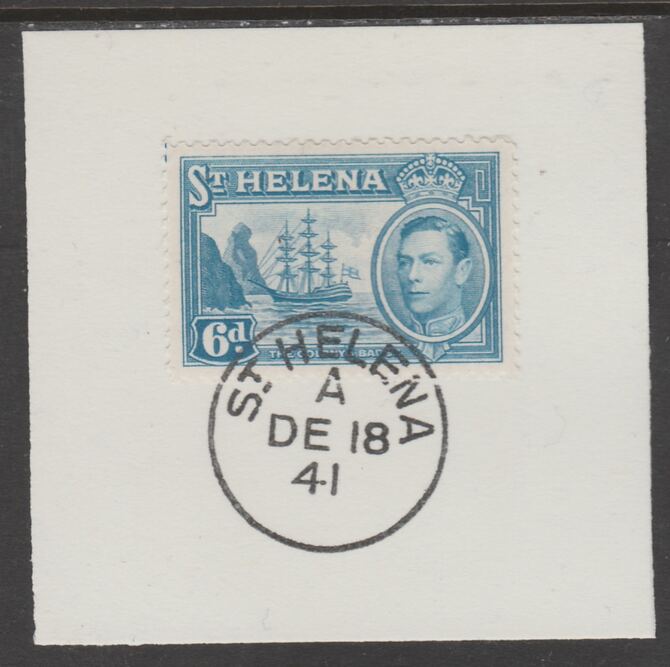 St Helena 1938 KG6 6d light blue on piece cancelled with full strike of Madame Joseph forged postmark type 344, stamps on , stamps on  kg6 , stamps on forgeries