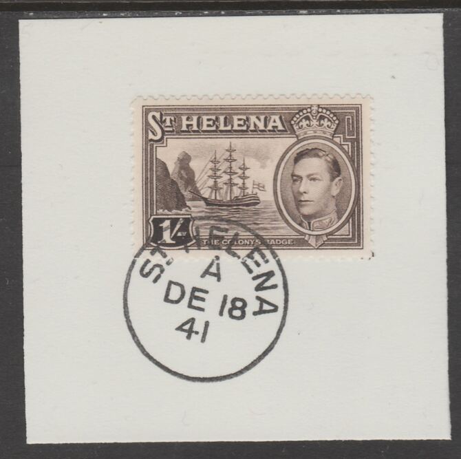 St Helena 1938 KG6 1s sepia on piece cancelled with full strike of Madame Joseph forged postmark type 344, stamps on , stamps on  stamps on , stamps on  stamps on  kg6 , stamps on  stamps on forgeries