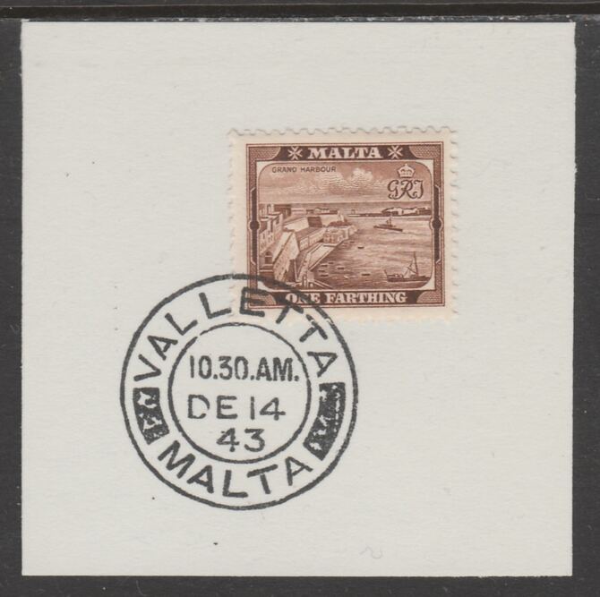 Malta 1938 KG6 Grand Harbour 1/4d on piece cancelled with full strike of Madame Joseph forged postmark type 250, stamps on , stamps on  kg6 , stamps on forgeries