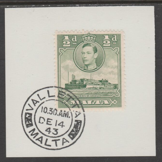 Malta 1938 KG6 HMS St Angelo 1/2d green on piece cancelled with full strike of Madame Joseph forged postmark type 250, stamps on , stamps on  kg6 , stamps on forgeries