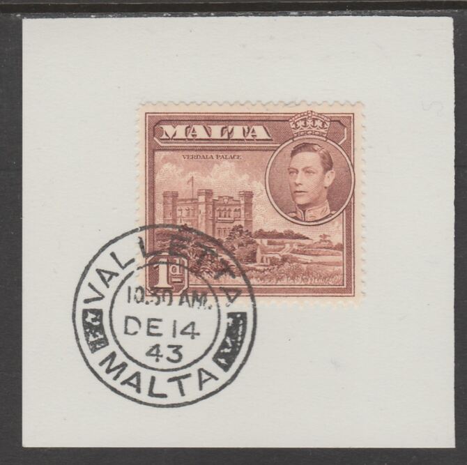 Malta 1938 KG6 Verdala Palace 1d red-brown on piece cancelled with full strike of Madame Joseph forged postmark type 250, stamps on , stamps on  kg6 , stamps on forgeries