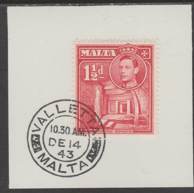 Malta 1938 KG6 Hypogeum 1.5d scarlet on piece cancelled with full strike of Madame Joseph forged postmark type 250, stamps on , stamps on  kg6 , stamps on forgeries