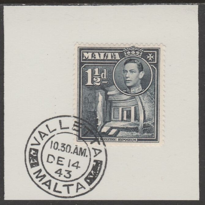 Malta 1938 KG6 Hypogeum 1.5d slate-black on piece cancelled with full strike of Madame Joseph forged postmark type 250, stamps on , stamps on  stamps on , stamps on  stamps on  kg6 , stamps on  stamps on forgeries