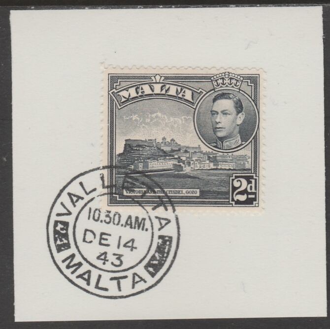 Malta 1938 KG6 Victoria & Citadel 2d slate-black on piece cancelled with full strike of Madame Joseph forged postmark type 250, stamps on , stamps on  kg6 , stamps on forgeries