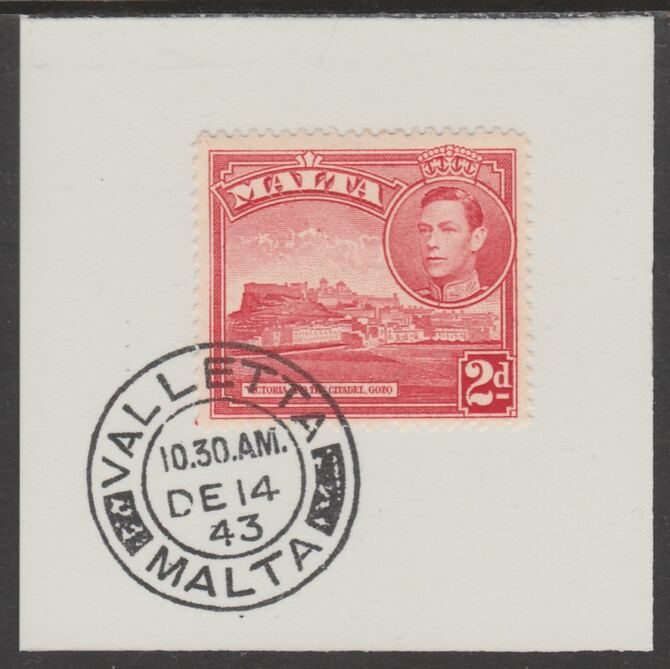 Malta 1938 KG6 Victoria & Citadel 2d scarlet on piece cancelled with full strike of Madame Joseph forged postmark type 250, stamps on , stamps on  kg6 , stamps on forgeries