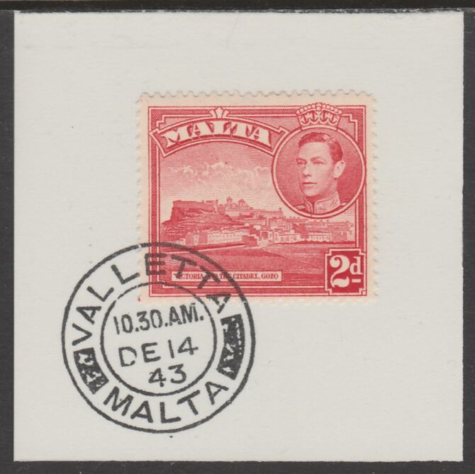 Malta 1938 KG6 Victoria & Citadel 2d scarlet on piece cancelled with full strike of Madame Joseph forged postmark type 250, stamps on , stamps on  kg6 , stamps on forgeries