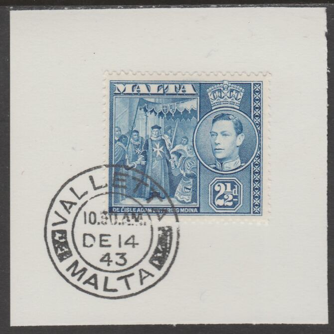 Malta 1938 KG6 De L'isle Adam 2.5d greyish blue on piece cancelled with full strike of Madame Joseph forged postmark type 250, stamps on , stamps on  kg6 , stamps on forgeries