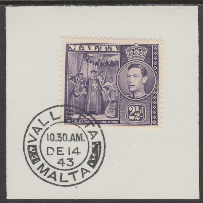 Malta 1938 KG6 De Lisle Adam 2.5d dull violet on piece cancelled with full strike of Madame Joseph forged postmark type 250, stamps on , stamps on  kg6 , stamps on forgeries