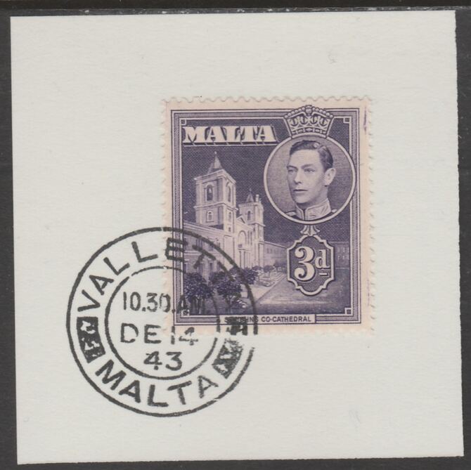 Malta 1938 KG6 St John's 3d dull violet on piece cancelled with full strike of Madame Joseph forged postmark type 250, stamps on , stamps on  stamps on , stamps on  stamps on  kg6 , stamps on  stamps on forgeries