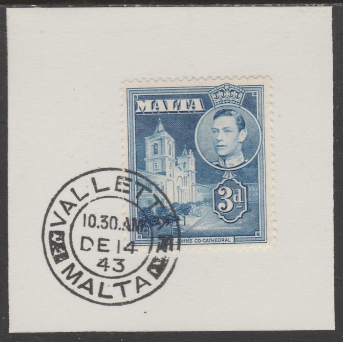 Malta 1938 KG6 St John's 3d blue on piece cancelled with full strike of Madame Joseph forged postmark type 250, stamps on , stamps on  stamps on , stamps on  stamps on  kg6 , stamps on  stamps on forgeries
