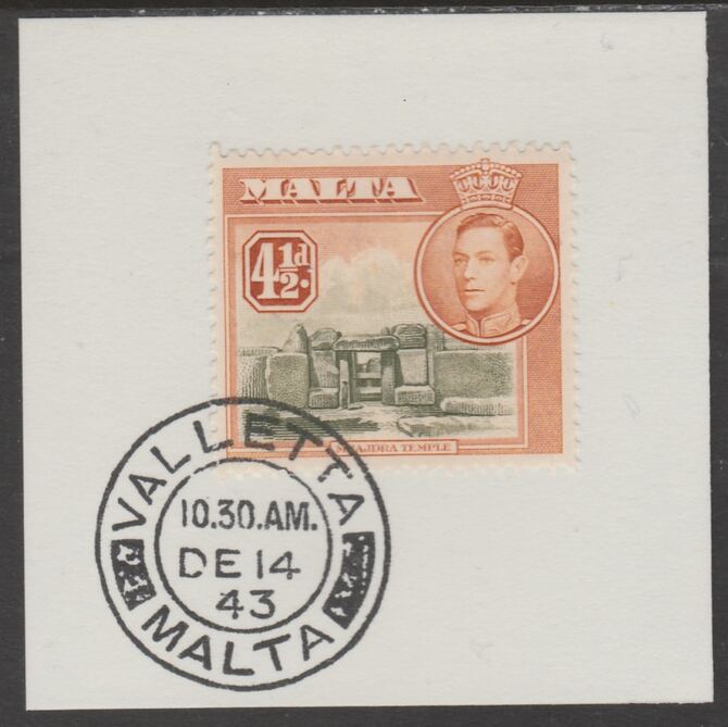 Malta 1938 KG6 Ruins 4.5d on piece cancelled with full strike of Madame Joseph forged postmark type 250, stamps on , stamps on  stamps on , stamps on  stamps on  kg6 , stamps on  stamps on forgeries