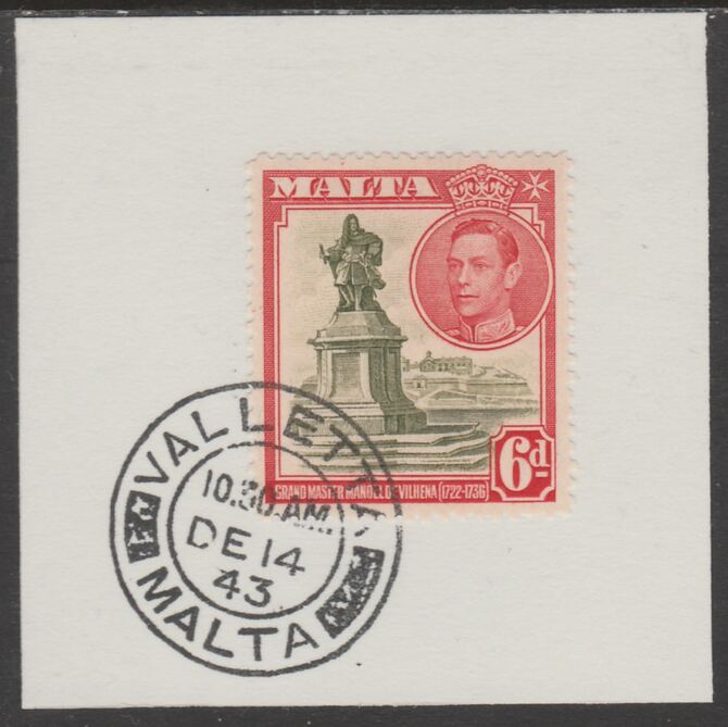 Malta 1938 KG6 Statue 6d on piece cancelled with full strike of Madame Joseph forged postmark type 250, stamps on , stamps on  kg6 , stamps on forgeries