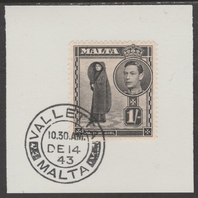 Malta 1938 KG6 Maltese Girl 1s on piece cancelled with full strike of Madame Joseph forged postmark type 250, stamps on , stamps on  kg6 , stamps on forgeries