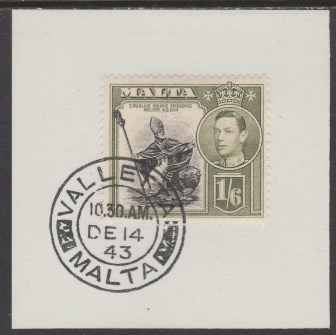 Malta 1938 KG6 St Publius 1s6d on piece cancelled with full strike of Madame Joseph forged postmark type 250, stamps on , stamps on  kg6 , stamps on forgeries