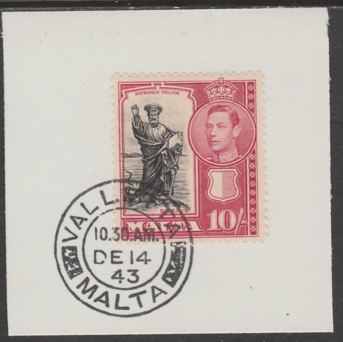 Malta 1938 KG6 St Paul 10s on piece cancelled with full strike of Madame Joseph forged postmark type 250, stamps on , stamps on  kg6 , stamps on forgeries