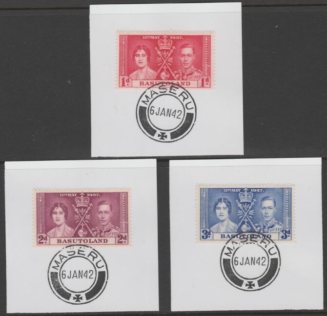 Basutoland 1937 KG6 Coronation set of 3 each on individual piece cancelled with full strike of Madame Joseph forged postmark type 53, stamps on coronation, stamps on  kg6 , stamps on forgeries