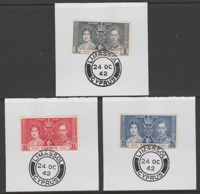 Cyprus 1937 KG6 Coronation set of 3 each on individual piece cancelled with full strike of Madame Joseph forged postmark type 137, stamps on coronation, stamps on  kg6 , stamps on forgeries