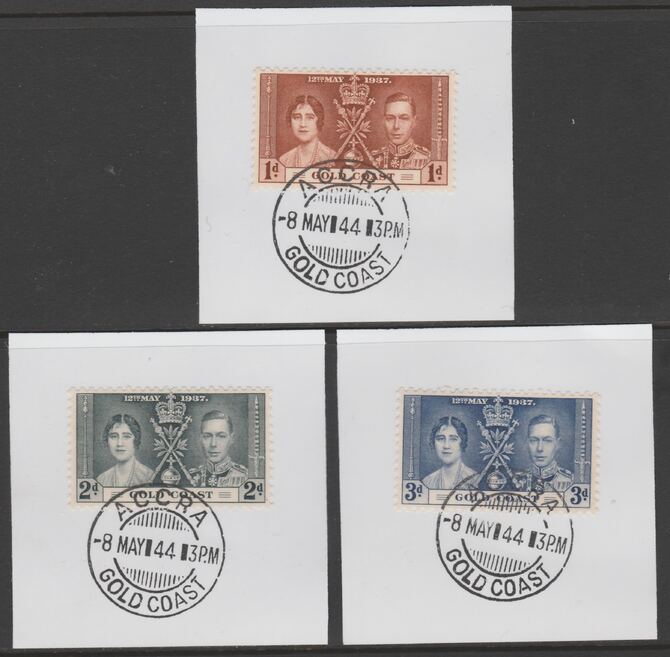 Gold Coast 1937 KG6 Coronation set of 3 each on individual piece cancelled with full strike of Madame Joseph forged postmark type 198, stamps on coronation, stamps on  kg6 , stamps on forgeries