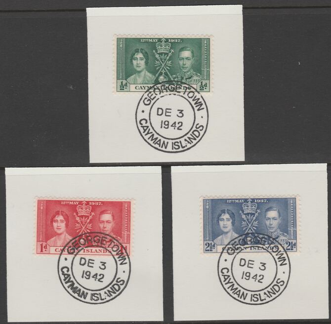 Cayman Islands 1937 KG6 Coronation set of 3 each on individual piece cancelled with full strike of Madame Joseph forged postmark type 116, stamps on coronation, stamps on  kg6 , stamps on forgeries