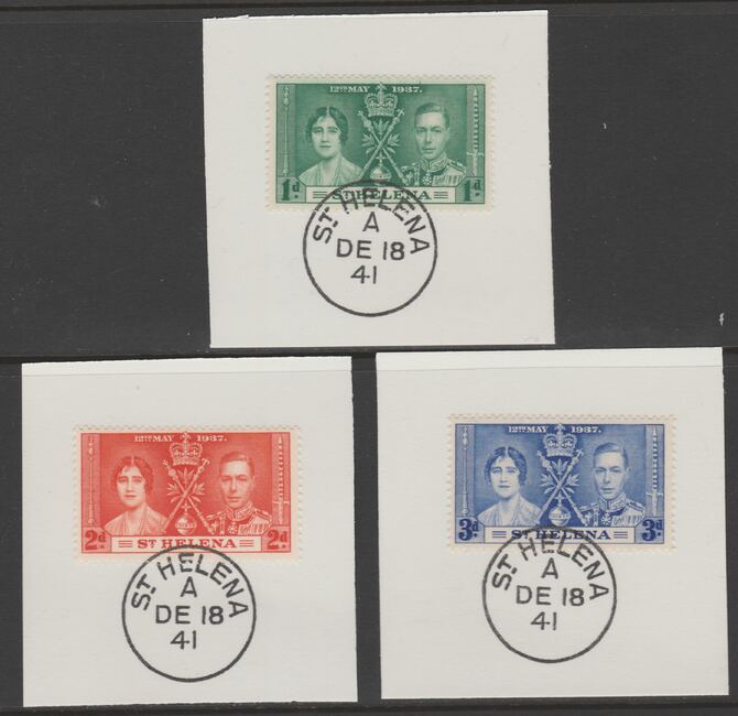 St Helena 1937 KG6 Coronation set of 3 each on individual piece cancelled with full strike of Madame Joseph forged postmark type 344, stamps on , stamps on  stamps on coronation, stamps on  stamps on  kg6 , stamps on  stamps on forgeries