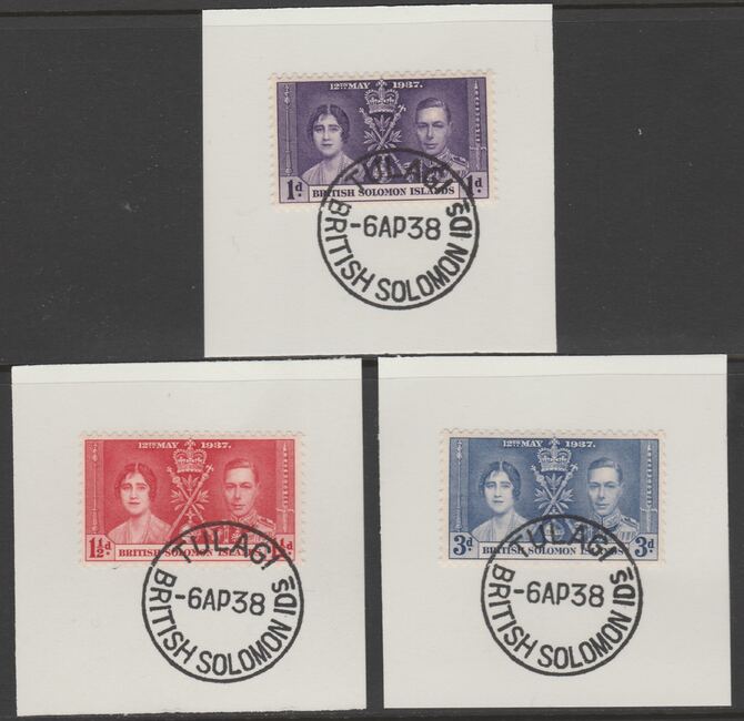 Solomon Islands 1937 KG6 Coronation set of 3 each on individual piece cancelled with full strike of Madame Joseph forged postmark type 96, stamps on , stamps on  stamps on coronation, stamps on  stamps on  kg6 , stamps on  stamps on forgeries