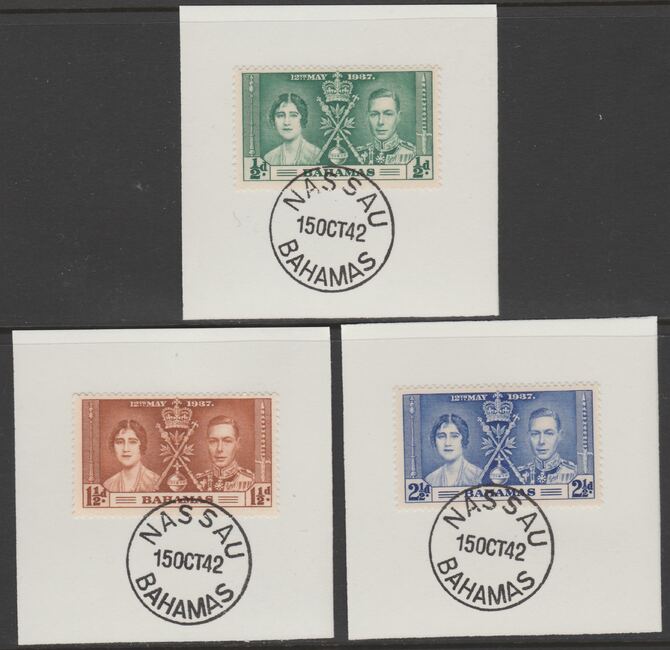 Bahamas 1937 KG6 Coronation set of 3 each on individual piece cancelled with full strike of Madame Joseph forged postmark type 37, stamps on coronation, stamps on  kg6 , stamps on forgeries