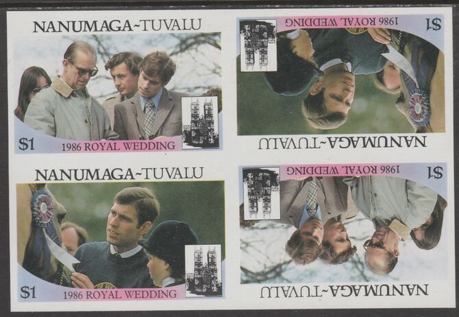 Tuvalu - Nanumaga 1986 Royal Wedding (Andrew & Fergie) $1 imperf proof block of 4 (tete-beche se-tenant pairs) unmounted mint from an uncut proof sheet and rare thus, stamps on royalty, stamps on andrew, stamps on fergie, stamps on 