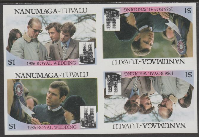 Tuvalu - Nanumaga 1986 Royal Wedding (Andrew & Fergie) $1 imperf proof block of 4 (two se-tenant pairs) unmounted mint from an uncut proof sheet and rare thus, stamps on , stamps on  stamps on royalty, stamps on  stamps on andrew, stamps on  stamps on fergie, stamps on  stamps on 