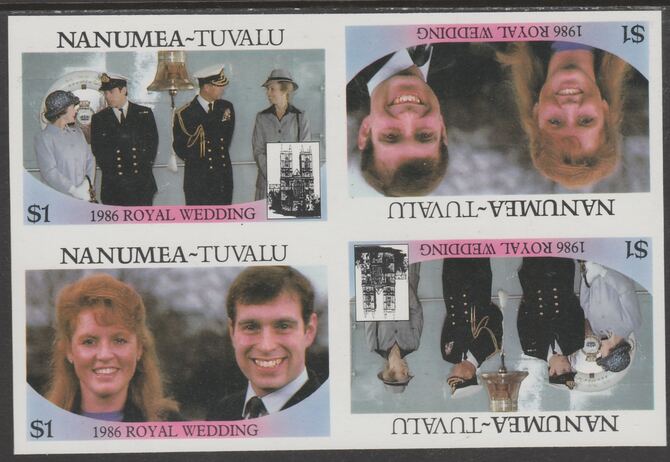 Tuvalu - Nanumea 1986 Royal Wedding (Andrew & Fergie) $1 imperf proof block of 4 (tete-beche se-tenant pairs) unmounted mint from an uncut proof sheet and rare thus, stamps on royalty, stamps on andrew, stamps on fergie, stamps on 