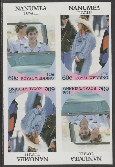 Tuvalu - Nanumea 1986 Royal Wedding (Andrew & Fergie) 60c imperf proof block of 4 (two se-tenant pairs) unmounted mint from an uncut proof sheet and rare thus, stamps on , stamps on  stamps on royalty, stamps on  stamps on andrew, stamps on  stamps on fergie, stamps on  stamps on 