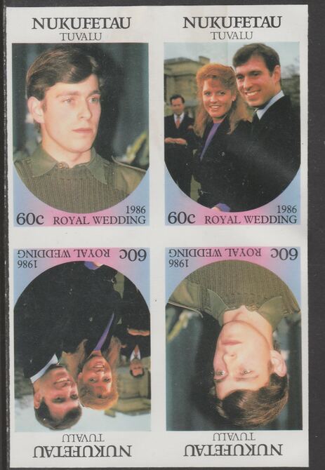 Tuvalu - Nukufetau 1986 Royal Wedding (Andrew & Fergie) 60c imperf proof block of 4 (two se-tenant pairs) unmounted mint from an uncut proof sheet and rare thus, stamps on , stamps on  stamps on royalty, stamps on  stamps on andrew, stamps on  stamps on fergie, stamps on  stamps on 