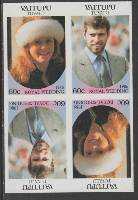 Tuvalu - Vaitupu 1986 Royal Wedding (Andrew & Fergie) 60c imperf proof block of 4 (two se-tenant pairs) unmounted mint from an uncut proof sheet and rare thus, stamps on royalty, stamps on andrew, stamps on fergie, stamps on 