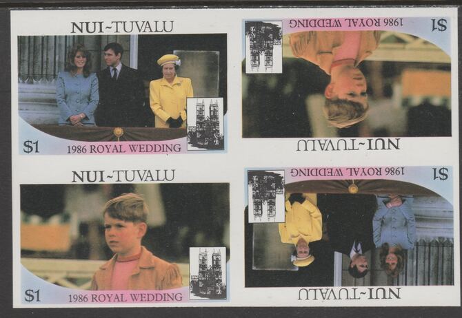 Tuvalu - Nui 1986 Royal Wedding (Andrew & Fergie) $1 imperf proof block of 4 (two se-tenant pairs) unmounted mint from an uncut proof sheet and rare thus, stamps on royalty, stamps on andrew, stamps on fergie, stamps on 