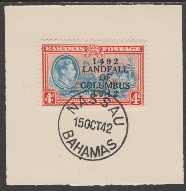 Bahamas 1942 KG6 Landfall of Columbus 4d on individual piece cancelled with full strike of Madame Joseph forged postmark type 37, stamps on , stamps on  stamps on , stamps on  stamps on  kg6 , stamps on  stamps on forgeries.columbus